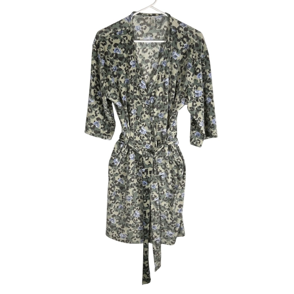 Flora by Flora Nikrooz Womens Medium Leopard Floral Short Robe Sage Green Plush